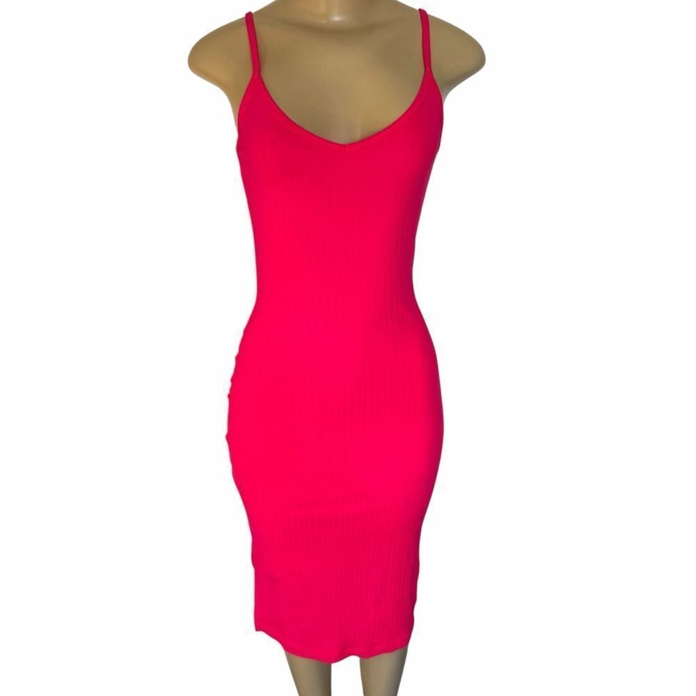 Carbon38 Vertical Ribbed Dress fluorescent coral pink small sleeveless midi sm